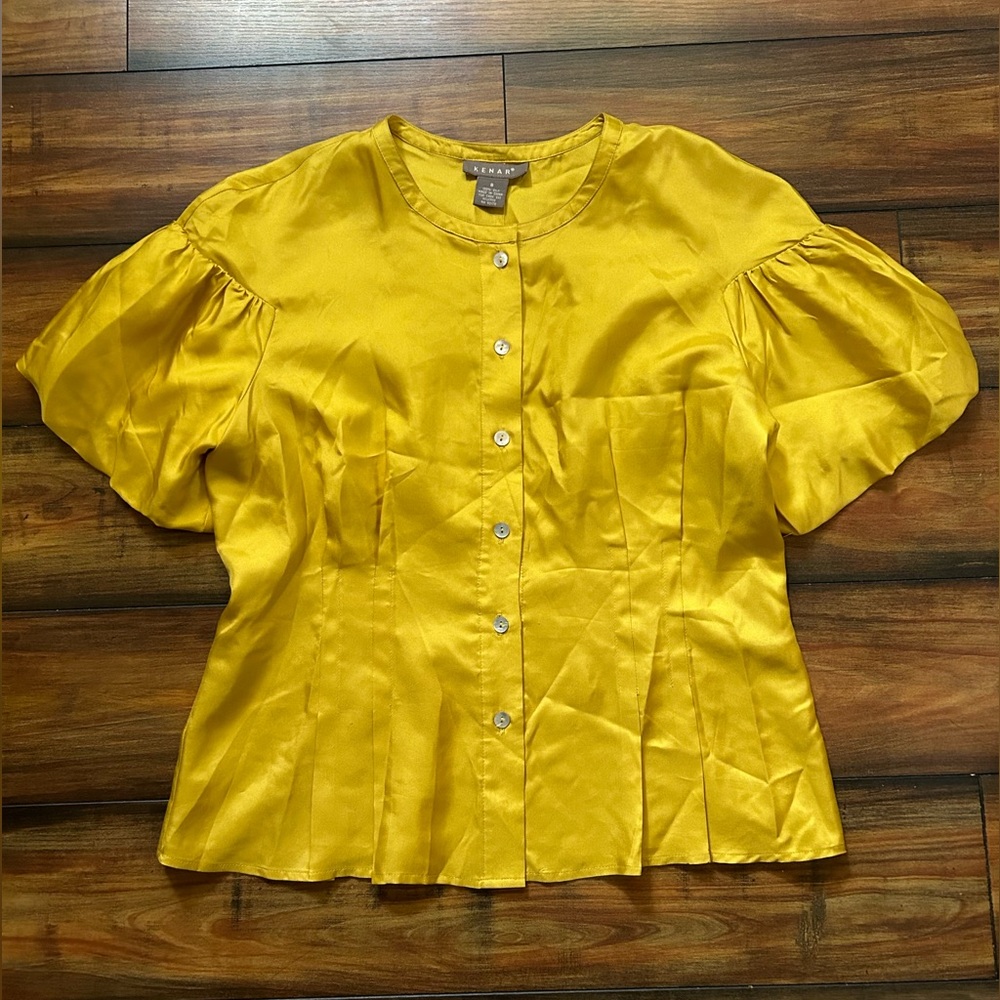 Anthropologie KENAR 100% Silk Yellow Button-Up Shirt Top Puff Sleeve Sz 8/Medium